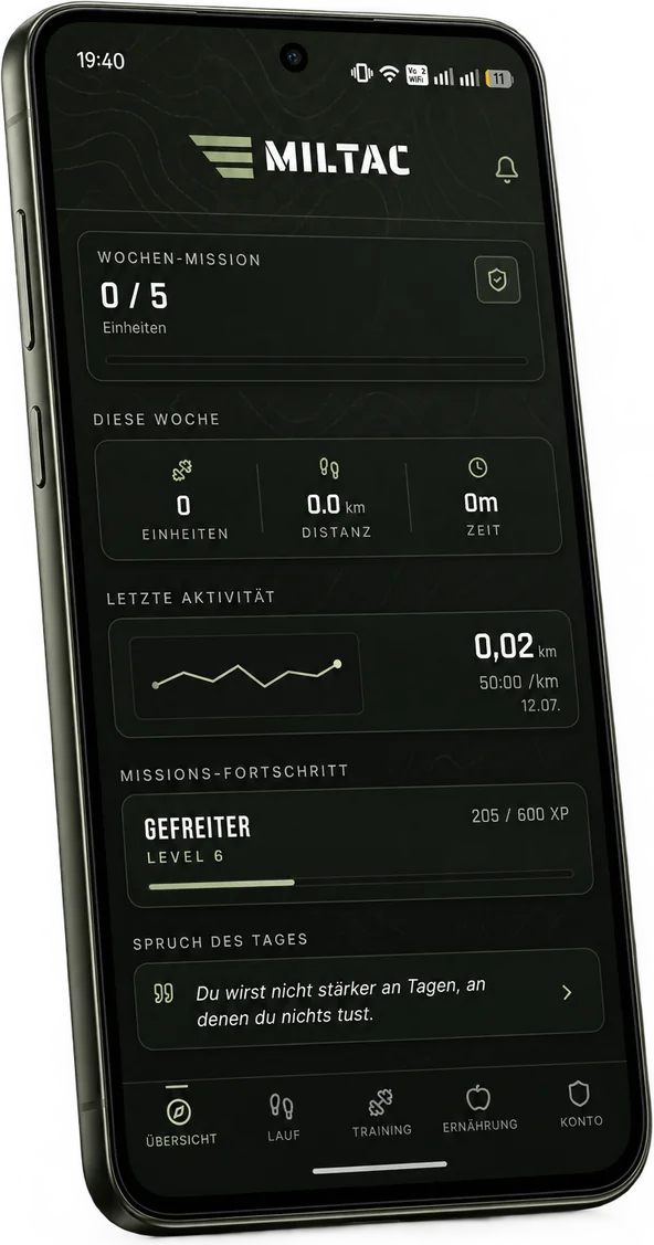 MilTac auf einem Android-Smartphone: Übersicht mit Wochen-Mission, Statistiken und Missions-Fortschritt