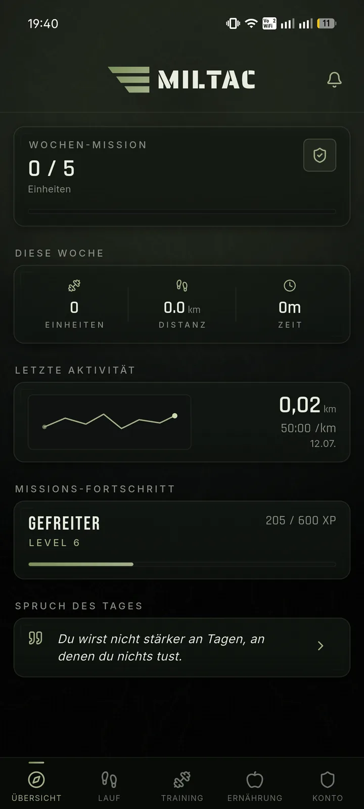MilTac Übersicht: Wochen-Mission, Statistiken der Woche, letzte Aktivität und Missions-Fortschritt